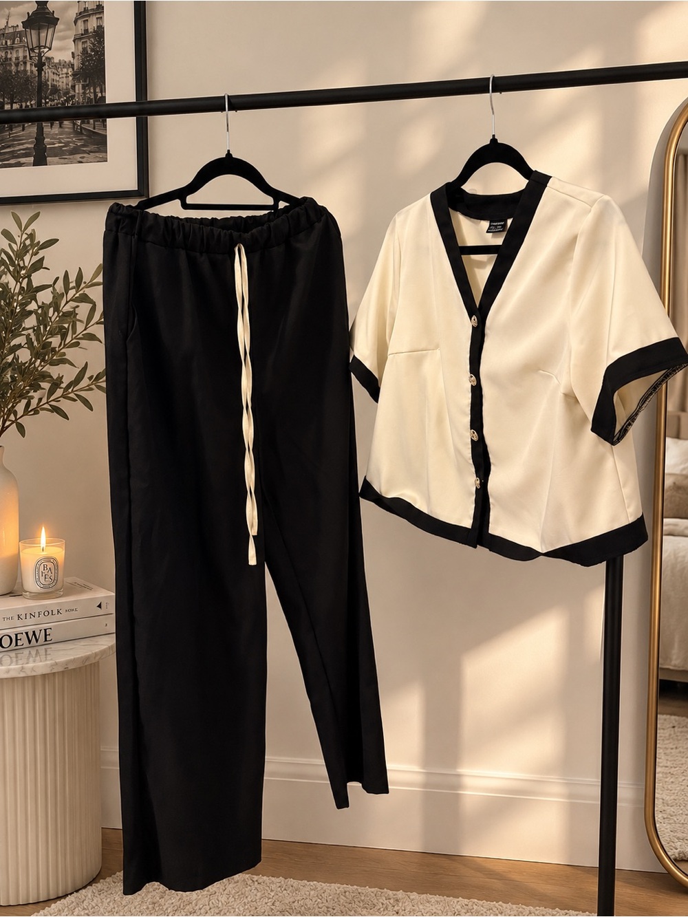 Black Wide-Leg Pants & Cream Trim Short-Sleeve Top Set